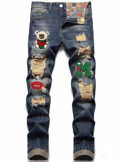 Jeans casuales rectos de pierna con ajuste delgado y ligeramente suelto, no elásticos, duraderos y con efecto vintage desgastado para hombres