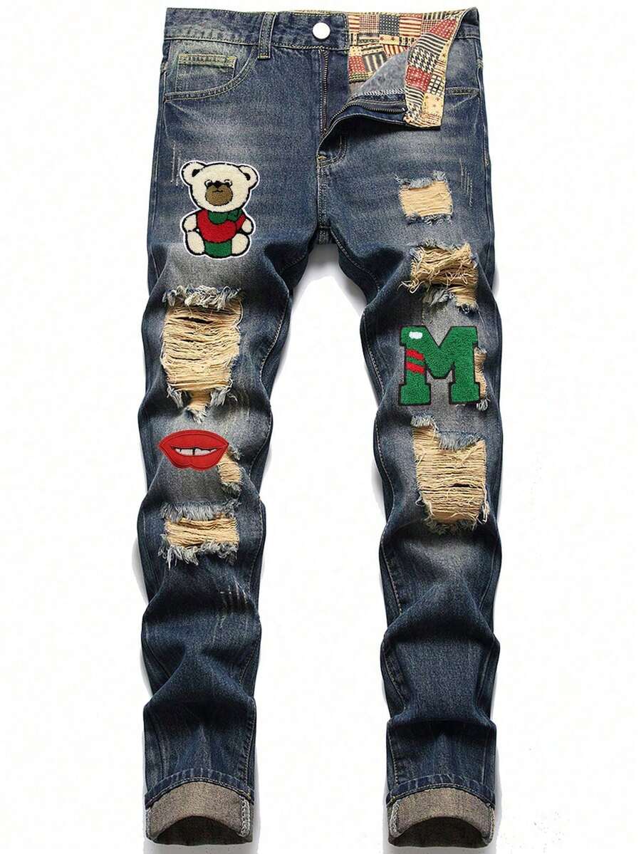 Men Cartoon & Letter Patched Detail Ripped Frayed Jeans