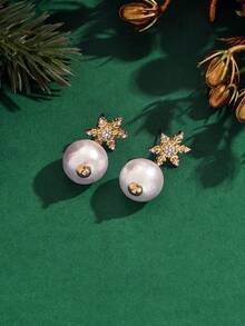 1 Par de Brincos com Desenho de Floco de Neve e Pérolas Falsas, Acessórios de Moda Elegantes para Mulheres, Festa, Presente de Natal
