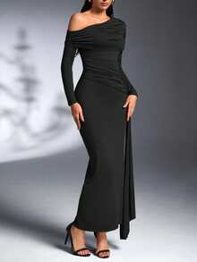 黑色不对称领长袖修身派对夜店冬季连衣裙优雅晚礼服时尚婚礼