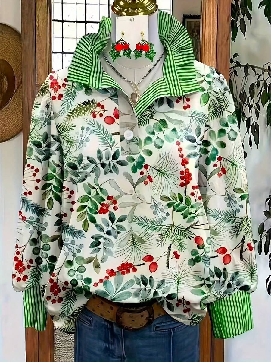 Retro Striped Collar Contrast Color Floral Print Casual Loose Women Blouse, Polyester, Pleated Ruffle Hem, Suitable For Holiday, Daily, Travel, Spring & Autumn Vacation - Mixed Colors - View 1
