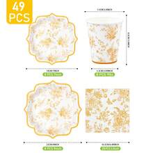 8pcs Yellow Porcelain Floral Disposable Plate, Napkin And Cup Set, Includes Plates, Napkins And Cups, Suitable For 8 Guests, Disposable Paper Plates Party Supplies For Birthday, Wedding, Theme Party, Family Picnic - Multicolor - View 2