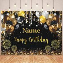 Customizable Name Black Gold Balloon Happy Birthday Backdrop Glitter Sequins Balloon Gold Fireworks Design Perfect For Birthday Parties, Cake Smash Backdrops, Decorations, Photography Banners, Vinyl - F - View 3
