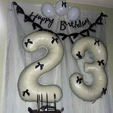 1set 40-Inch White Black Bow-Adorned Number Balloon Decorations, Pink 0-9 Number Aluminum Balloon Decorations, Suitable For Birthdays, Parties, Valentine's Day, Anniversaries, Weddings, Background Room Decorations, Bow-Adorned Numbers, And New Year Decorations. - Milky White and Black - View 9