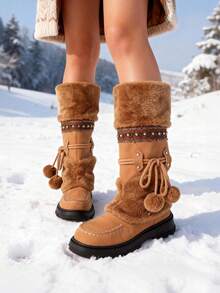 Women's Winter Furry Knee High Snow Boots Fashion Platform Chunky Heels Warm Faux Fur Lining Pull On Casual Comfy Boots Woman - màu nâu - Xem 1