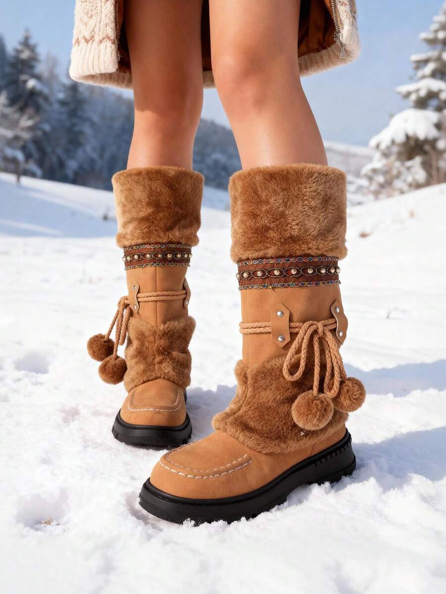 Women's Winter Furry Knee High Snow Boots Fashion Platform Chunky Heels Warm Faux Fur Lining Pull On Casual Comfy Boots Woman - màu nâu - Xem 1