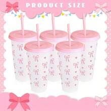 5/10pcs Pink Belt Bow Plastic Water Bottle With Straw And Lid, Reusable Plastic Cup, Cold Drink Cup, Iced Coffee Suitable For Home And Office Use, Decoration, Gifts, Birthdays, Parties, Holiday Cup, Summer Water Bottle, Vintage Drinking Water - 藍色 - 查看 7