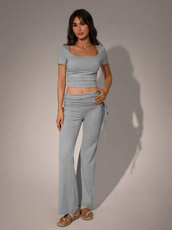 Meguma Conjunto de pijama de unicolor para mujer, top de cuello cuadrado, pantalones acampanados de cintura plisada con cordón, estilo minimalista casual, para todas las estaciones