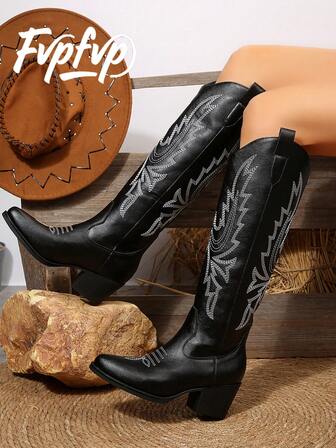 FVPFVP Fall/Winter Vintage Embroidered Western Cowgirl Boots For Women, New 2025 Summer Riding Boots, Chunky Heel Brown Tall Boots, Slim Fit Women Shoes,Cowboy Boots