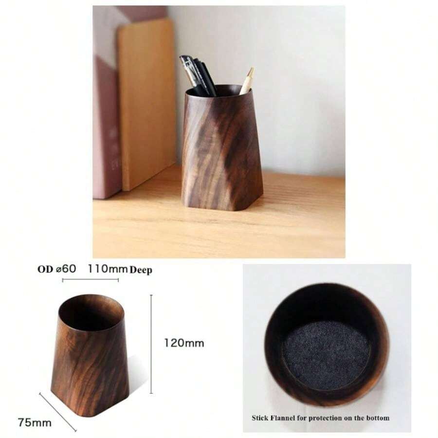 Wood Pen Holder Desk, Pencil Cup Whole Piece Black Walnut Wooden Organizer Caddy Stand - Brown - View 1