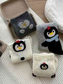 4 Pairs Women's Cute Cartoon Penguin Patterned Breathable Mid-Calf Socks, Fashion & Comfy
