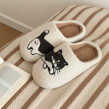 XIXITIAO 1双毛绒猫咪造型平底拖鞋，软底室内情侣拖鞋，秋冬季保暖家居拖鞋，可爱毛绒拖鞋，适合居家、聚会、产后穿着 - 白色 - 查看 8