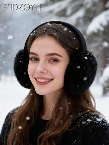 FADZOYLE 1个黑色可折叠毛绒耳罩，可爱女士耳罩，可调节头带带保暖内衬，冬季耳罩 - 細桿-黑色 - 查看 2