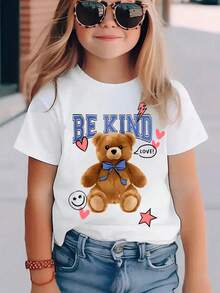 少女标语卡通熊印花短袖休闲圆领T恤 - 白色 - 查看 1