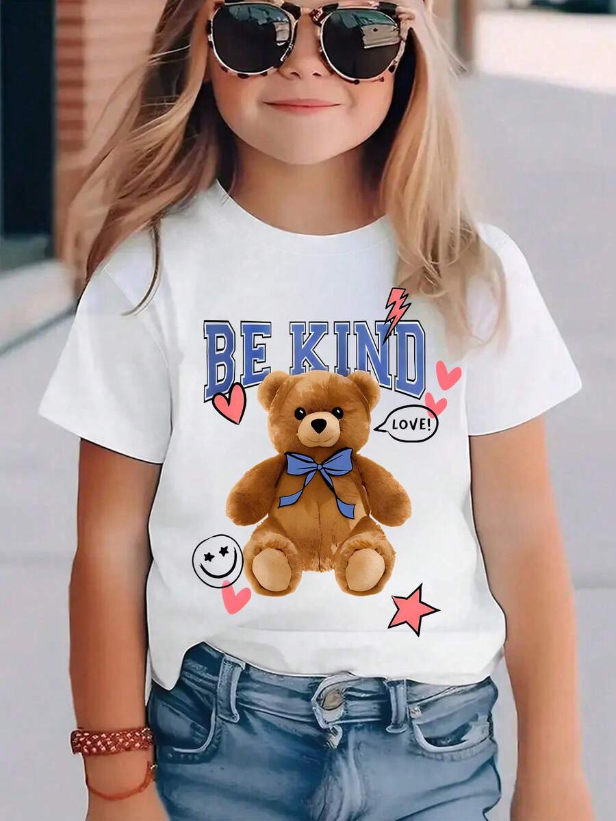 少女标语卡通熊印花短袖休闲圆领T恤 - 白色 - 查看 1