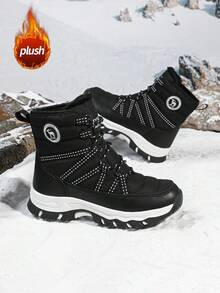 Botas de nieve para mujer resistentes al deslizamiento, al desgaste, gruesas y cálidas para exteriores, cómodas botas de senderismo de unicolor y de caña alta con forro de piel para otoño/invierno - Negro - Ver 4