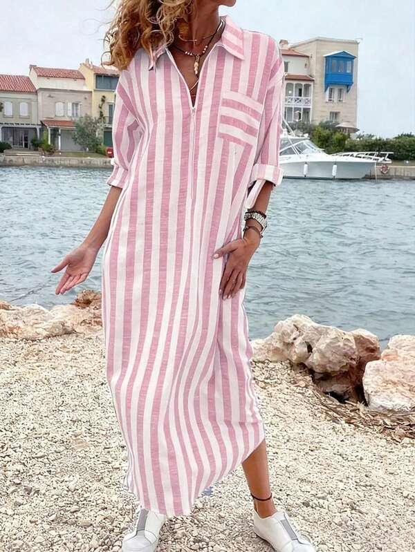 Women's Casual Striped V-Neck Long Sleeve Midi Dress, Button Front Closure, Suitable For Spring And Summer, Beach Outfit