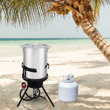 13*32inch Four-Piece Set, Black Round Iron Stove Frame, Silver Aluminum 30qt Turkey Pot 10qt Fish Pot, Gas Fryer - Silver - View 2