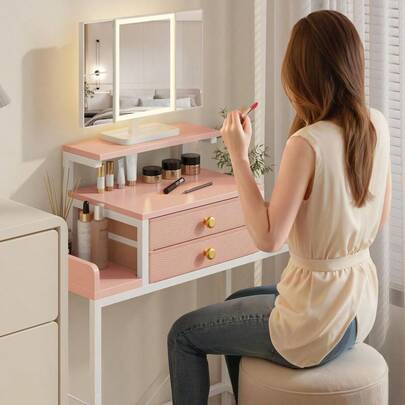Vanity Desk With Mirror And Lights, 28.4''W Small Makeup Vanity Table With Height-Adjustable Stand, 2 Fabric Drawe...