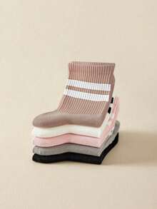 5 Pairs Women's Solid Color & Striped Fashion Socks, Soft Comfortable Breathable Casual Mid-Calf Socks, Suitable For Daily Wear | Colorful Striped Sailor Socks, Suitable For Spring Festival, New Year, Christmas Gifts - Multicolor - View 4