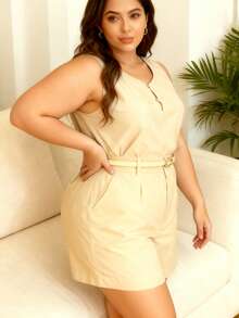 Plus Size Women's Set With Belt, Simple Casual, Marrant Fabric, Sensorial Spring/Summer - 米色 - 查看 2