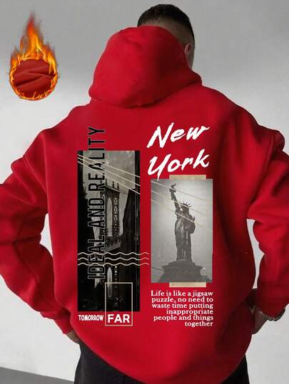 K-GLORY 男士休闲街头时尚趣味拼贴纽约地标印花连帽卫衣，秋冬款