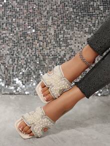 Sandale fără mâneci cu sclipici, ușoare și antiderapante, potrivite pentru plajă, ținute casual, interior, mărimi mari, design nou la modă cu sclipici - Bej - Vizualizare 6
