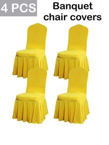 4pcs Solid Color Elastic Party Chair Covers, Universal Stretch Dining Chair Slipcovers With Skirt, Removable Chair Covers For Kitchen, Wedding, Party - Yellow - View 3
