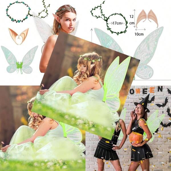Alas de Hada para Disfraz de Halloween para Disfraz Adultos y niñas Alas de Mariposa Niñas con Orejas de Elfo ángel para Mujer Cosplay Diadema Floral
