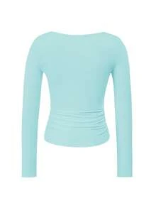 Áo thun dài tay cổ vuông dáng ôm Vaiaye dành cho nữ mùa xuân/hè phong cách Y2K, màu trơn, gợi cảm, thích hợp cho ngày Valentine. - Màu xanh Bạc hà - Xem 4