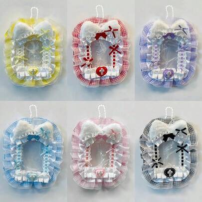 1 Stück süßer Spitzen-Fotokartenhalter, mit Hängechain, karierter Stoff DIY Fertigprodukt, Anime/ACG, 3-Zoll Fotoständer, transparente Tasche, Lolita Dekoration, Taschenbaumler Kartenhalter