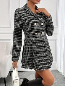 Women's Elegant French Plaid Notched Collar Double-Breasted A-Line Dress, Polyester, Button Detail, Autumn/Winter Fashion, Adult Size, Woven Fabric
