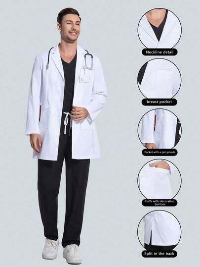 cimmuovere Men's Long Sleeve V-Neck Scrubs Jacket With Multiple Pockets, Nurse Uniform, Workwear For Dentist, Healthcare, Pet Hospital, Laboratory