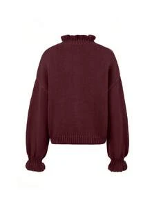 Joy Knit 女款秋冬針織開襟衫 百搭上衣 極簡休閒法式風 小立領荷葉邊飾 金屬鈕扣 辦公通勤女裝 外出聚會上衣 - 酒紅色 - 查看 7