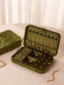 1pc Premium Velvet Zipper Jewelry Box, Earring Necklace Ring Organizer Case, Large Capacity Velvet Jewelry Storage Box, Unique Gift For Women, Suitable For Travel - Multicolor - View 2