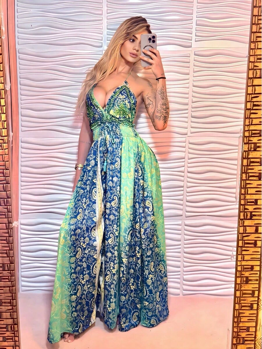 Silk Dress, Boho Style, Bare Back With Elastic. - Dark Blue - View 1