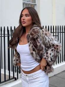 HH Elegant Woman Lapel Long Sleeves Side Pockets Casual Coat Women Winter Leopard Print Faux Fur Loose Slim Warm Coat - Brown - View 10