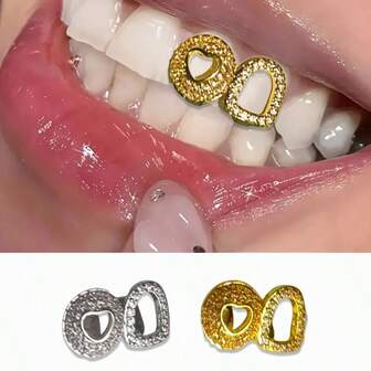 1pc Hiphop Rap Gold-Plated Hollow Heart Zirconia Tooth Grillz, Unisex, Perfect For Festivals, Parties, Nightclubs, Birthday And Valentine's Day Gifts, Flashy Design