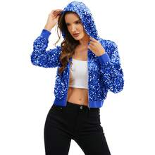 Women's Sequin Zip-Up Hooded Jacket With Ribbed Hem And Long Sleeves For Party Wear - Royal Blue - View 5