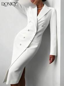 DONICY Damen Herbst/Winter Bekleidung Zweireihiger einfarbiger eleganter weißer Blazer, modischer langer Knopfmantel für den Herbst