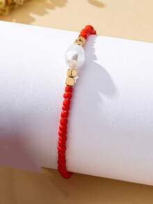 Pulseira feminina elegante com pérolas artificiais, ajustável e versátil, ideal para presente. - Pérola de milho vermelha - Ver 3