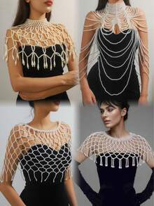 1pc Elegant Minimalist Classic Handmade Crochet Beaded Necklace, Versatile Fashion Women's Long Necklace Jewelry, Creative Body Chain, Suitable For Women's Balls, Weddings, Parties, Christmas Celebrations, Gifts For All Seasons - White - View 4