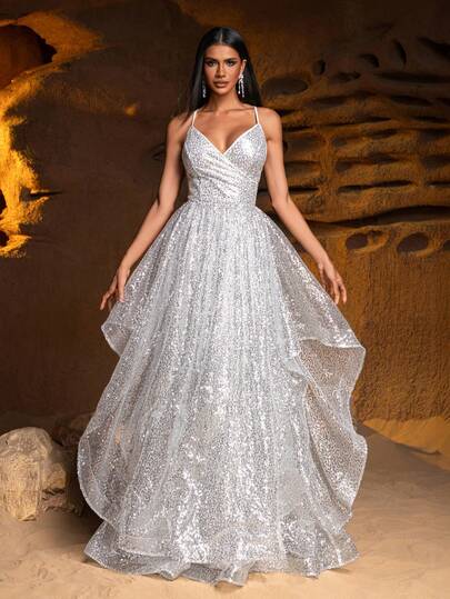 Faeriesty Elegant Shiny Sequin Formal Party Dress, Deep V-Neck, Criss-Cross Backless Shoulder Straps, Multi-Layer A-Line Skirt - An Ideal Choice For Weddings, Galas, Parties And Formal Receptions.