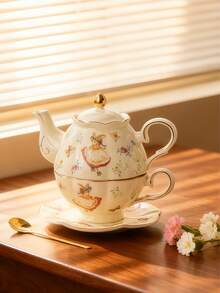 Juego de té: Taza + Platillo + Tetera + Cuchara. Exquisita tetera y taza de café de cerámica con diseño de Alicia en el País de las Maravillas y plantas, chapadas en oro. Juego de té minimalista inglés para la tarde. Juego de taza y tetera estilo palacio. Taza y platillo para té y café de la tarde. Taza de té para el hogar.