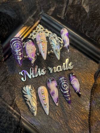 10pcs Stiletto Nail Set, Handmade Nail ArtStickers,3D Three-Dimensional Nail Rhinestone Steel Ball Accessories, Colorful Shiny Nail Gems, Purple&Transparent White Tie Dye, Hand Drawn Geometric Patterns In Y2k Style Wearable NailArt Set Suitable For Women To WearDaily Parties (With: A Piece Of JellyGlue And A Friction Strip) Nail SuppliesNails