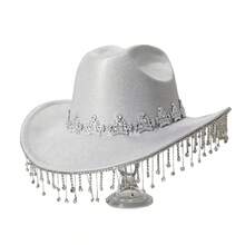 Rhinestone Crown Tassel Cowgirl Hat Sparkly Wide Brim Western Hat Elegant Sun Cap For Wedding Party Club - 銀色 - 查看 3