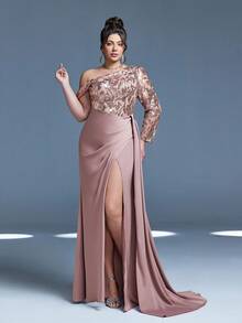 Mgiacy New Arrival One Shoulder Fancy Plus Size Evening Gown Dress Ruffle Sequin Ruched Piaopian High Slit Satin Long Dress
