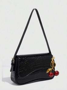 1pc Women Faux Leather Shoulder Bag, Black Crocodile Pattern Square Bag, Versatile Patent Leather Purse, Y2K Crossbody/Underarm Bag, Fashionable Sling Bag, With Cherry Pendant Charm - màu đen - Xem 2