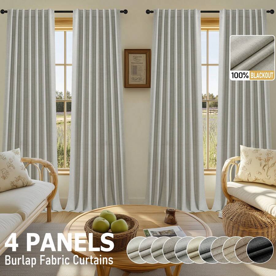 4pcs Burlap Linen Blackout Curtains For Living Room/Bedroom, Back Tab Faux Linen Textured 100% Blackout Drapes, Thermal Insulated Privacy Protection Farmhouse Window Curtains - Taupe - Xem 1