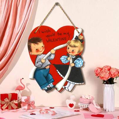 情人节装饰品 情人节木质挂牌 - 复古风格红色爱心男孩女孩欢迎牌，适用于前门、周年纪念日、心形墙面装饰，室内外情人节派对用品